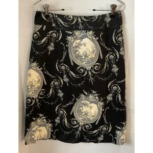 Fjall Womens Black Toile De Jouy Medallion Pencil Skirt Cotton Lycra Size 6 USA